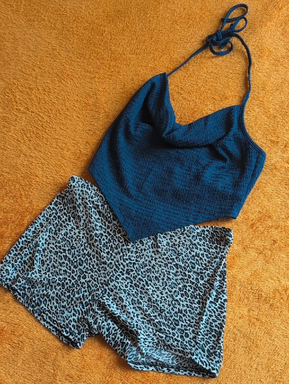 SHEIN Black And Teal Top Animal Print Short Set